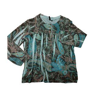 Susan Lawrence Womens Paisley Tunic Top XL Cotton/Rayon Blend Blue/Brown Button